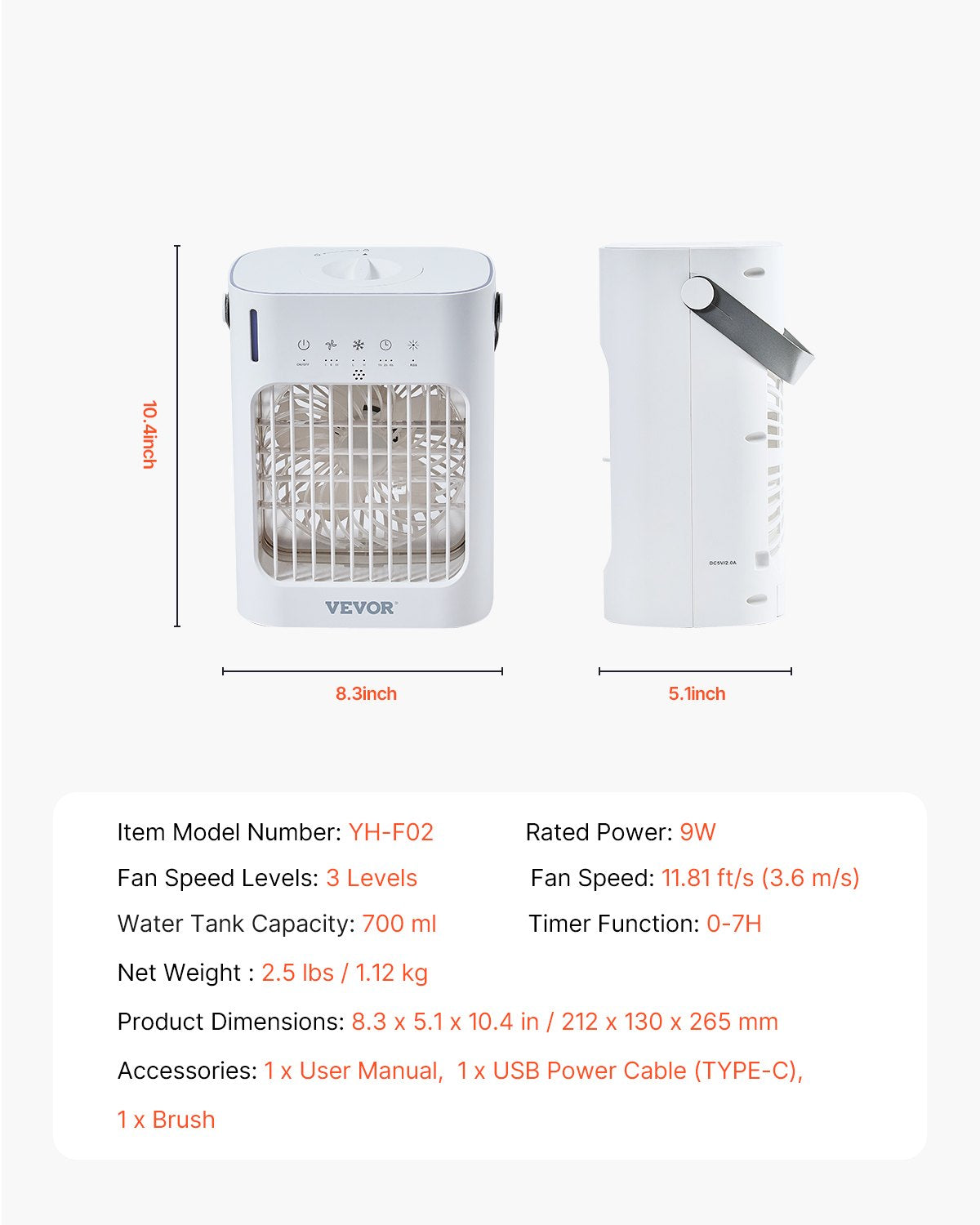 VEVOR Portable Air Conditioner, 4-in-1 Evaporative Air Cooler, 3-Speed Mini Air Conditioner with 0-7H Smart Timer, 700ml Water Tank, 7-Color Light, Personal Mini Desk AC Fan for Bedroom Office Room - BXZFLQQBXSBKCVLT6V9 - view 8