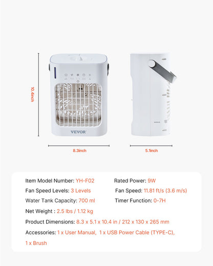 VEVOR Portable Air Conditioner, 4-in-1 Evaporative Air Cooler, 3-Speed Mini Air Conditioner with 0-7H Smart Timer, 700ml Water Tank, 7-Color Light, Personal Mini Desk AC Fan for Bedroom Office Room - BXZFLQQBXSBKCVLT6V9 - view 8