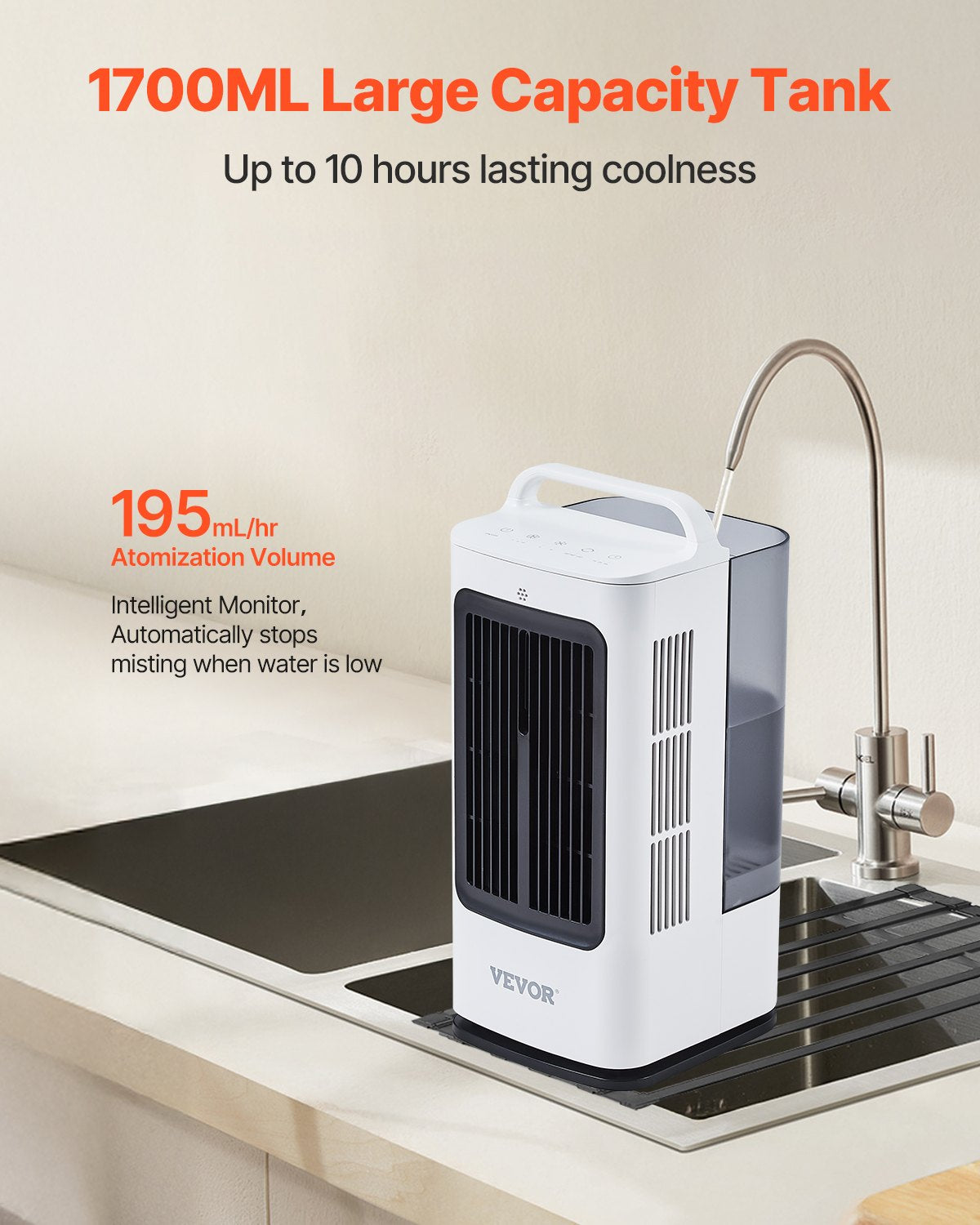 VEVOR Portable Air Conditioner, 4-in-1 Evaporative Air Cooler, 3-Speed Mini Air Conditioner with 0-7H Smart Timer, 1700ml Water Tank, 7-Color Light, Personal Mini Desk AC Fan for Bedroom Office Room - BXZFLQQBXSBKMVI0LV1 - view 4