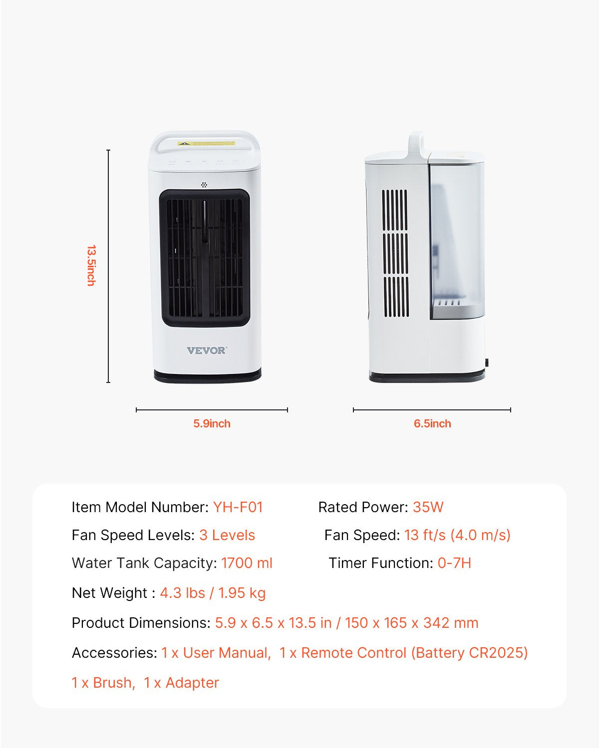 VEVOR Portable Air Conditioner, 4-in-1 Evaporative Air Cooler, 3-Speed Mini Air Conditioner with 0-7H Smart Timer, 1700ml Water Tank, 7-Color Light, Personal Mini Desk AC Fan for Bedroom Office Room - BXZFLQQBXSBKMVI0LV1 - view 8