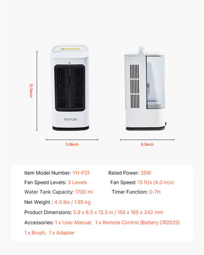 VEVOR Portable Air Conditioner, 4-in-1 Evaporative Air Cooler, 3-Speed Mini Air Conditioner with 0-7H Smart Timer, 1700ml Water Tank, 7-Color Light, Personal Mini Desk AC Fan for Bedroom Office Room - BXZFLQQBXSBKMVI0LV1 - view 8