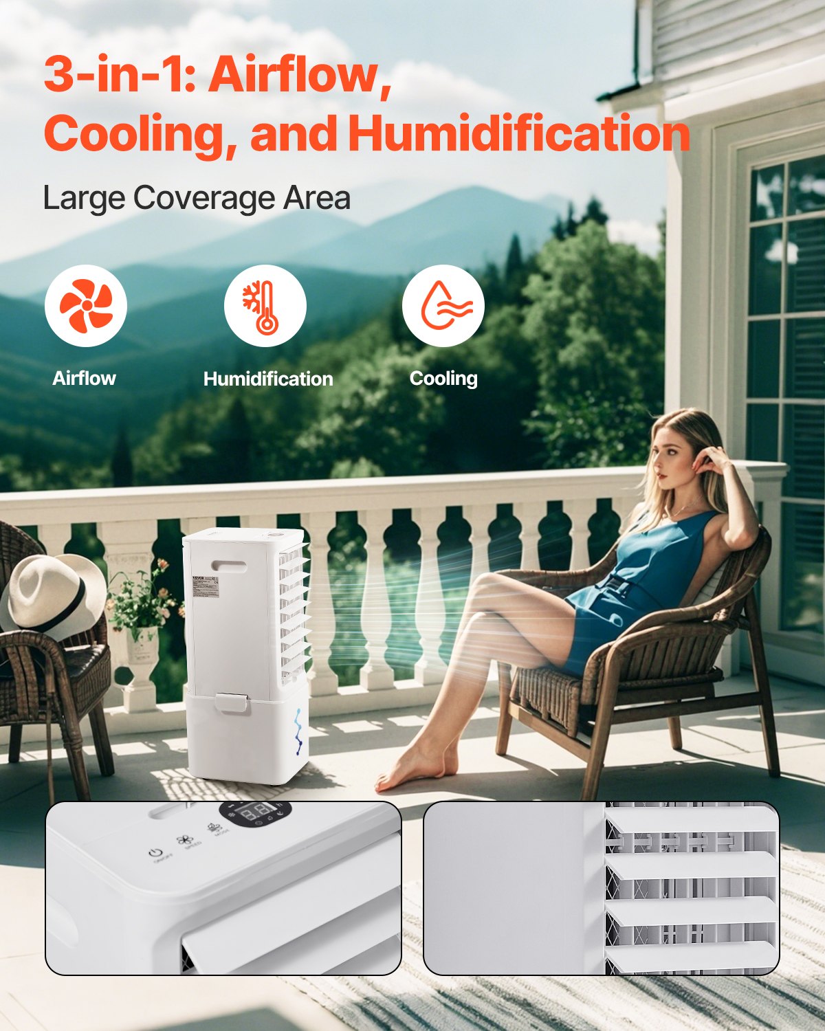 VEVOR Portable Air Conditioner, 9L 550 CFM Swamp Cooler Air Conditioner with 12H Timer & Remote Control, 3-Speed Evaporative Air Cooler with 2 Ice Boxes, Quiet & Movable, Ideal for Outdoor Indoor Use - BXZFLQQJJKBKLLPBQV1 - view 3