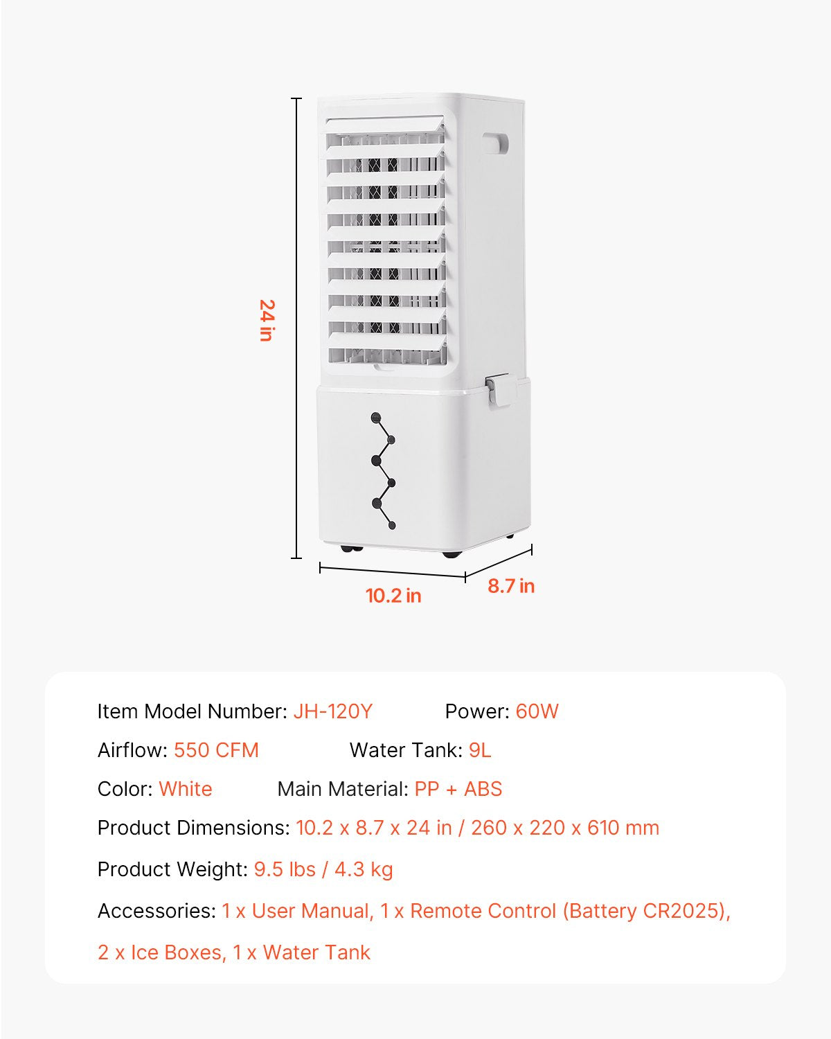 VEVOR Portable Air Conditioner, 9L 550 CFM Swamp Cooler Air Conditioner with 12H Timer & Remote Control, 3-Speed Evaporative Air Cooler with 2 Ice Boxes, Quiet & Movable, Ideal for Outdoor Indoor Use - BXZFLQQJJKBKLLPBQV1 - view 8