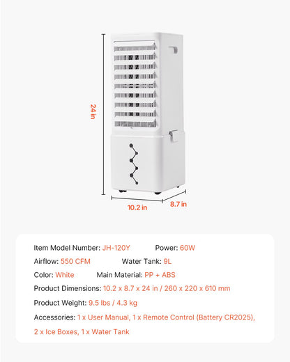VEVOR Portable Air Conditioner, 9L 550 CFM Swamp Cooler Air Conditioner with 12H Timer & Remote Control, 3-Speed Evaporative Air Cooler with 2 Ice Boxes, Quiet & Movable, Ideal for Outdoor Indoor Use - BXZFLQQJJKBKLLPBQV1 - view 8