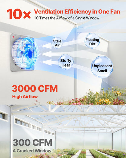VEVOR 20 inch Shutter Exhaust Fan, Wall Mounted Attic Vent Fan with 3000 CFM Airflow, AC Motor, Heavy-duty Steel Construction, Low Noise for Shed, Garage, Greenhouse Ventilation Cooling, Silver - BYCSPQSACDJ2MHU14001V1 - view 3