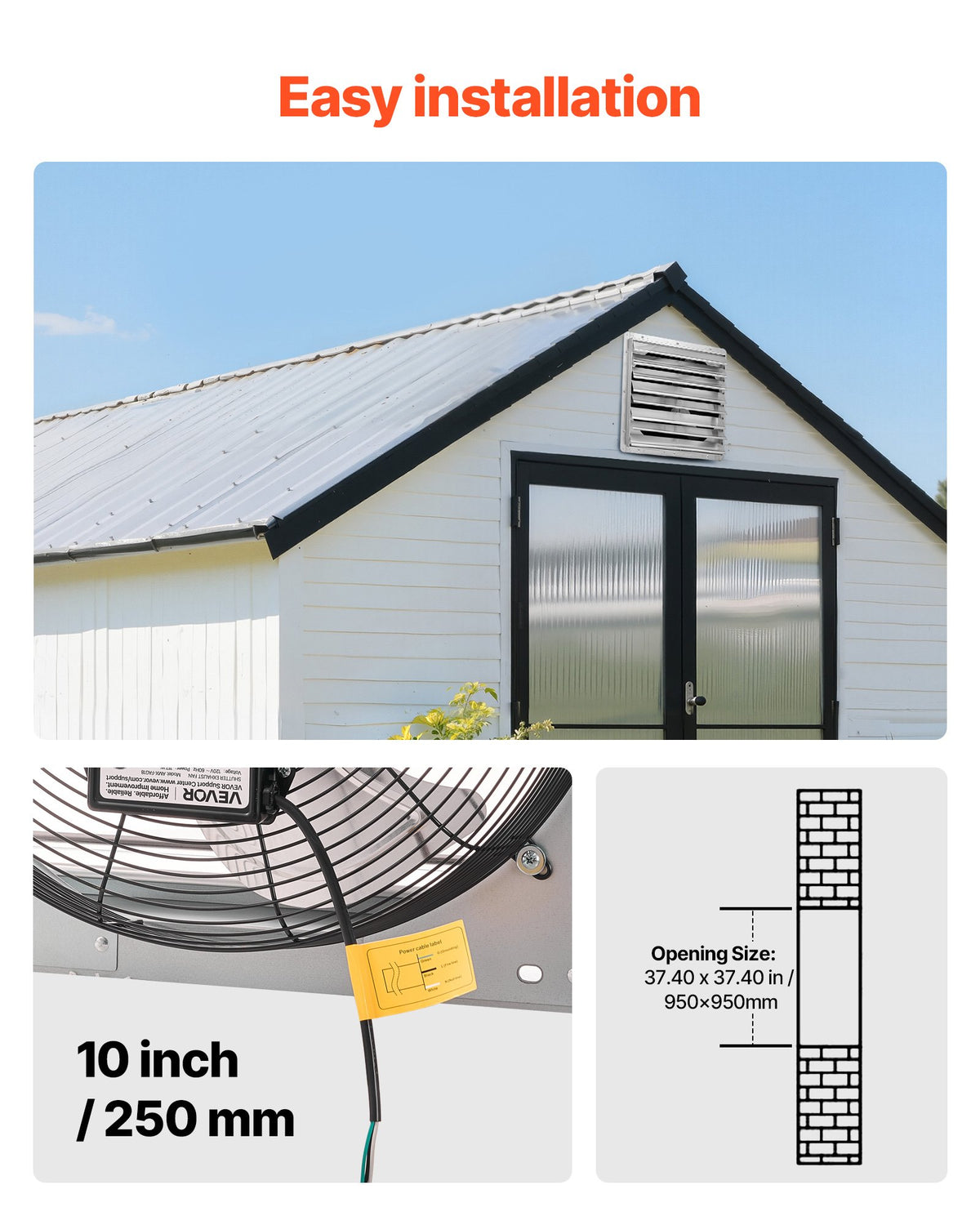 VEVOR 36 inch Shutter Exhaust Fan, Wall Mounted Attic Vent Fan with 11000 CFM Airflow, AC Motor, Heavy-duty Steel Construction, Low Noise for Shed, Garage, Greenhouse Ventilation Cooling, Silver - BYCSPQSACDJ3SBIDR001V1 - view 7