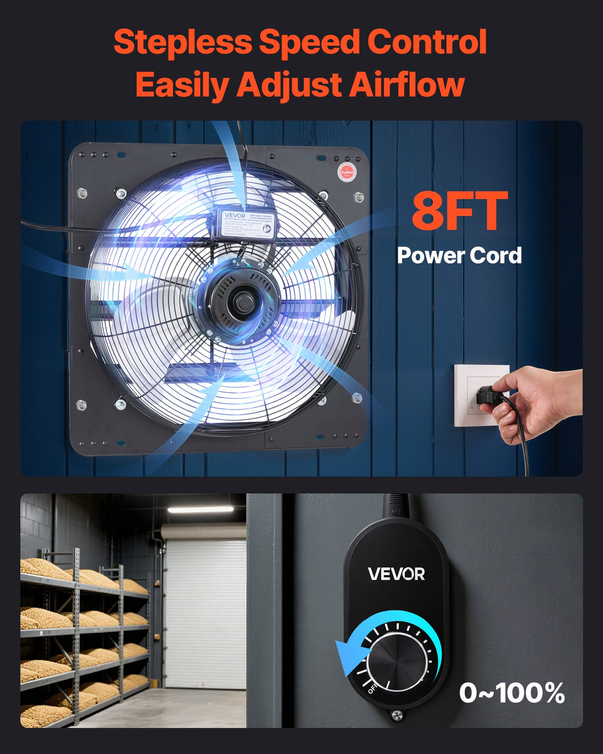VEVOR 18 inch Shutter Exhaust Fan, Wall Mounted Attic Vent Fan with Variable Speed Controller, 2200 CFM, AC Motor, Heavy-duty Steel, Low Noise for Shed, Garage, Greenhouse Ventilation Cooling, Black - BYCSPQSACDJSBPO5V001V1 - view 7