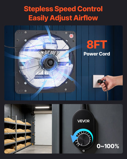 VEVOR 14 inch Shutter Exhaust Fan, Wall Mounted Attic Vent Fan with Variable Speed Controller, 1400 CFM, AC Motor, Heavy-duty Steel, Low Noise for Shed, Garage, Greenhouse Ventilation Cooling, Black - BYCSPQSACDJSIR8CP001V1 - view 7
