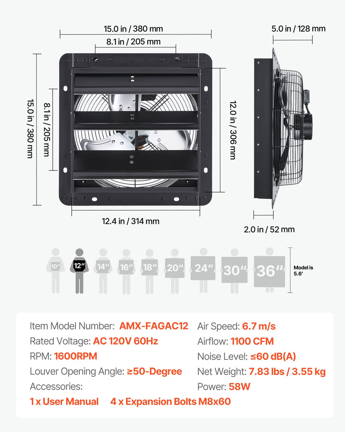 VEVOR 12 inch Shutter Exhaust Fan, Wall Mounted Attic Vent Fan with Variable Speed Controller, 1100 CFM, AC Motor, Heavy-duty Steel, Low Noise for Shed, Garage, Greenhouse Ventilation Cooling, Black - BYCSPQSACDJSLL06X001V1 - view 8