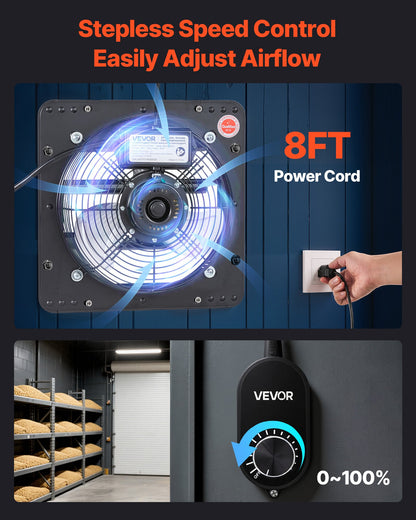 VEVOR 10 inch Shutter Exhaust Fan, Wall Mounted Attic Vent Fan with Variable Speed Controller, 900 CFM, AC Motor, Heavy-duty Steel, Low Noise for Shed, Garage, Greenhouse Ventilation Cooling, Black - BYCSPQSACDJSMDKHS001V1 - view 7