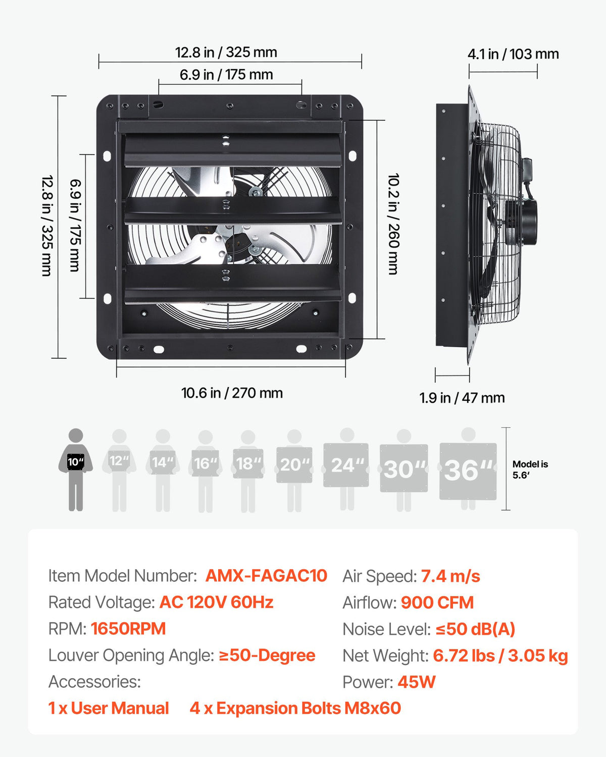 VEVOR 10 inch Shutter Exhaust Fan, Wall Mounted Attic Vent Fan with Variable Speed Controller, 900 CFM, AC Motor, Heavy-duty Steel, Low Noise for Shed, Garage, Greenhouse Ventilation Cooling, Black - BYCSPQSACDJSMDKHS001V1 - view 8