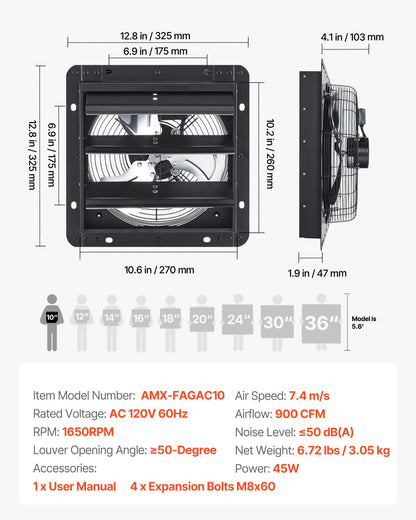 VEVOR 10 inch Shutter Exhaust Fan, Wall Mounted Attic Vent Fan with Variable Speed Controller, 900 CFM, AC Motor, Heavy-duty Steel, Low Noise for Shed, Garage, Greenhouse Ventilation Cooling, Black - BYCSPQSACDJSMDKHS001V1 - view 8