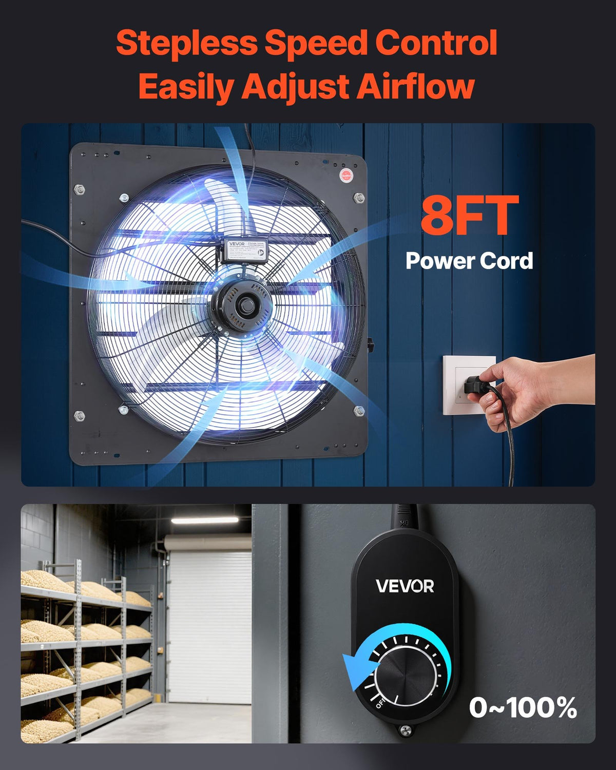 VEVOR 24 inch Shutter Exhaust Fan, Wall Mounted Attic Vent Fan with Variable Speed Controller, 4800 CFM, AC Motor, Heavy-duty Steel, Low Noise for Shed, Garage, Greenhouse Ventilation Cooling, Black - BYCSPQSACDJSOWI78001V1 - view 7