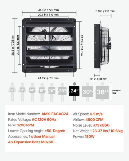 VEVOR 24 inch Shutter Exhaust Fan, Wall Mounted Attic Vent Fan with Variable Speed Controller, 4800 CFM, AC Motor, Heavy-duty Steel, Low Noise for Shed, Garage, Greenhouse Ventilation Cooling, Black - BYCSPQSACDJSOWI78001V1 - view 8