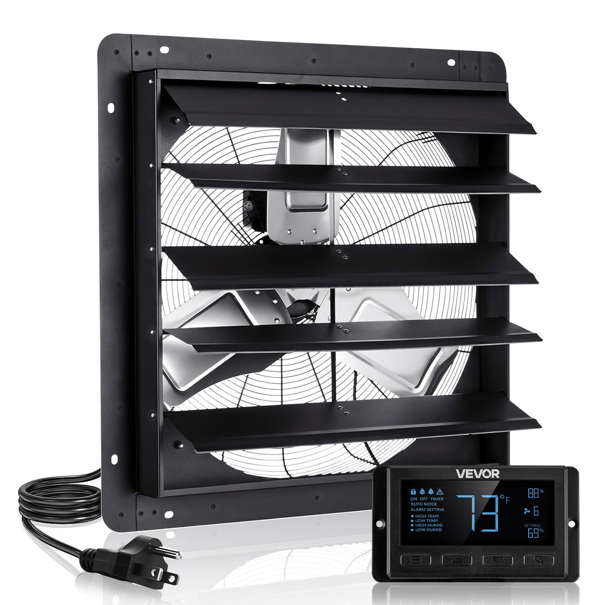 VEVOR 24 inch Shutter Exhaust Fan, Wall Mounted Attic Vent Fan with Smart Programming Variable Speed Temperature Control, 2900 CFM,EC Motor,Timer, for Shed,Garage,Greenhouse Ventilation Cooling,Black - BYCSPQSECDJ2F65NP001V1 - view 1