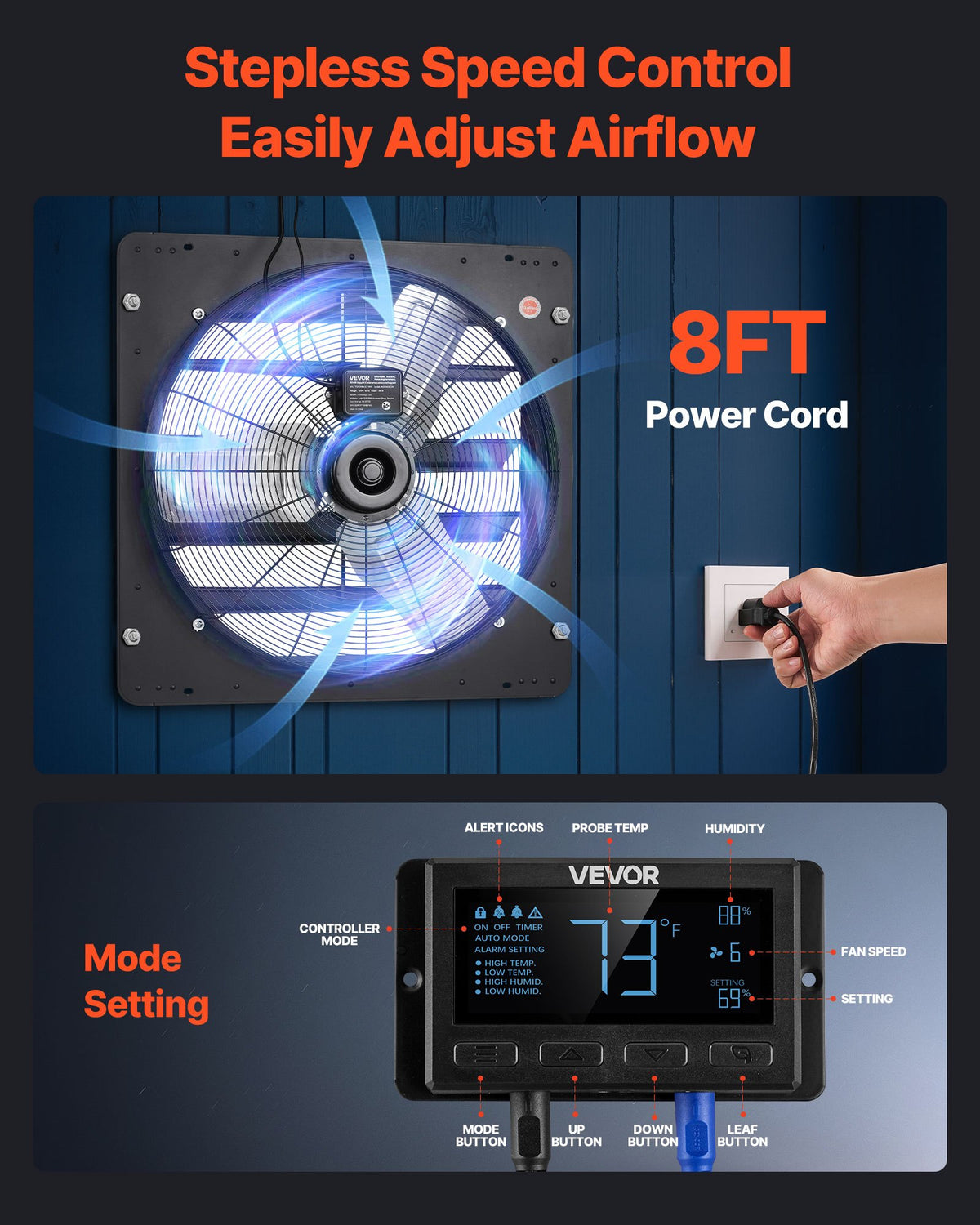 VEVOR 24 inch Shutter Exhaust Fan, Wall Mounted Attic Vent Fan with Smart Programming Variable Speed Temperature Control, 2900 CFM,EC Motor,Timer, for Shed,Garage,Greenhouse Ventilation Cooling,Black - BYCSPQSECDJ2F65NP001V1 - view 7