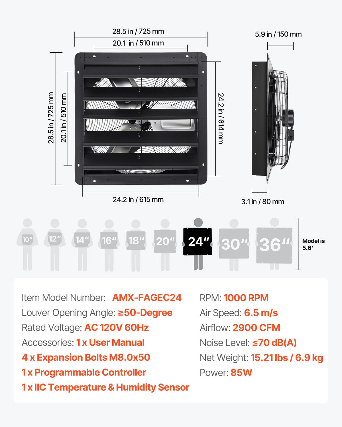 VEVOR 24 inch Shutter Exhaust Fan, Wall Mounted Attic Vent Fan with Smart Programming Variable Speed Temperature Control, 2900 CFM,EC Motor,Timer, for Shed,Garage,Greenhouse Ventilation Cooling,Black - BYCSPQSECDJ2F65NP001V1 - view 8
