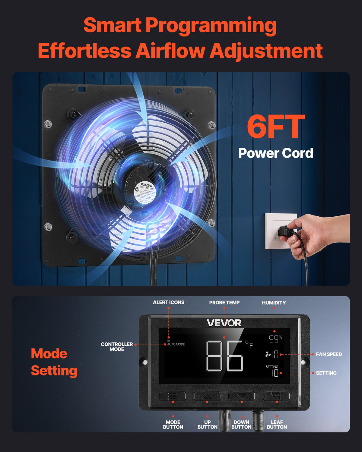 VEVOR 12 inch Shutter Exhaust Fan, Wall Mounted Attic Vent Fan with Smart Programming Variable Speed Temperature Control, 1500 CFM,EC Motor,Timer, for Shed,Garage,Greenhouse Ventilation Cooling,Black - BYCSPQSECDJKCHS8Y001V1 - view 7