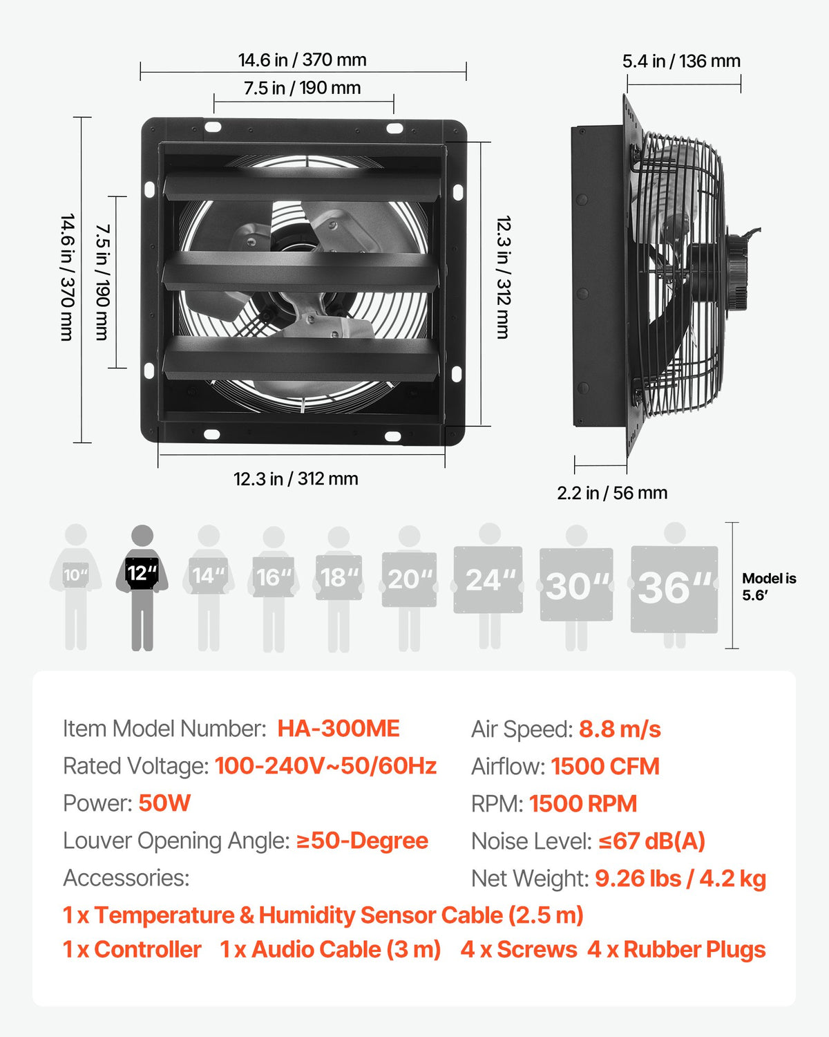 VEVOR 12 inch Shutter Exhaust Fan, Wall Mounted Attic Vent Fan with Smart Programming Variable Speed Temperature Control, 1500 CFM,EC Motor,Timer, for Shed,Garage,Greenhouse Ventilation Cooling,Black - BYCSPQSECDJKCHS8Y001V1 - view 8