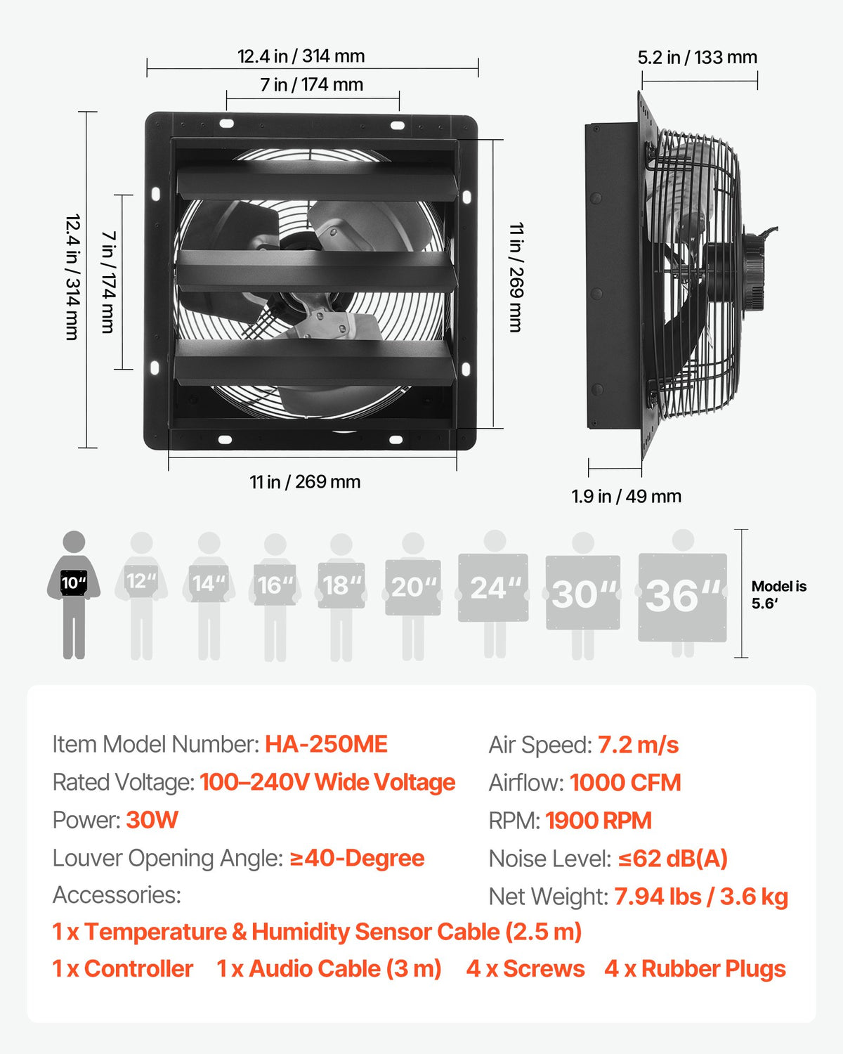 VEVOR 10 inch Shutter Exhaust Fan, Wall Mounted Attic Vent Fan with Smart Programming Variable Speed Temperature Control, 1000 CFM,EC Motor,Timer, for Shed,Garage,Greenhouse Ventilation Cooling,Black - BYCSPQSECDJKDHCDB001V1 - view 8