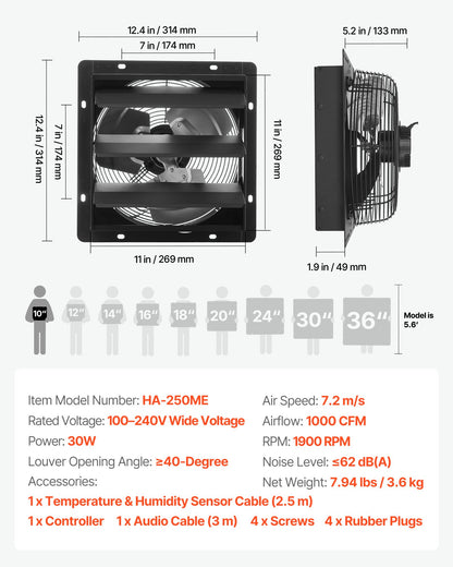 VEVOR 10 inch Shutter Exhaust Fan, Wall Mounted Attic Vent Fan with Smart Programming Variable Speed Temperature Control, 1000 CFM,EC Motor,Timer, for Shed,Garage,Greenhouse Ventilation Cooling,Black - BYCSPQSECDJKDHCDB001V1 - view 8