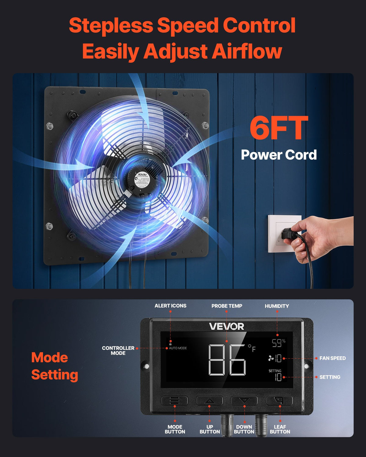 VEVOR 14 inch Shutter Exhaust Fan, Wall Mounted Attic Vent Fan with Smart Programming Variable Speed Temperature Control, 2000 CFM,EC Motor,Timer, for Shed,Garage,Greenhouse Ventilation Cooling,Black - BYCSPQSECDJKF17P0001V1 - view 7