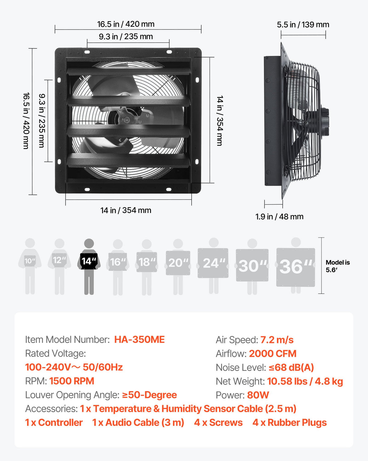 VEVOR 14 inch Shutter Exhaust Fan, Wall Mounted Attic Vent Fan with Smart Programming Variable Speed Temperature Control, 2000 CFM,EC Motor,Timer, for Shed,Garage,Greenhouse Ventilation Cooling,Black - BYCSPQSECDJKF17P0001V1 - view 8