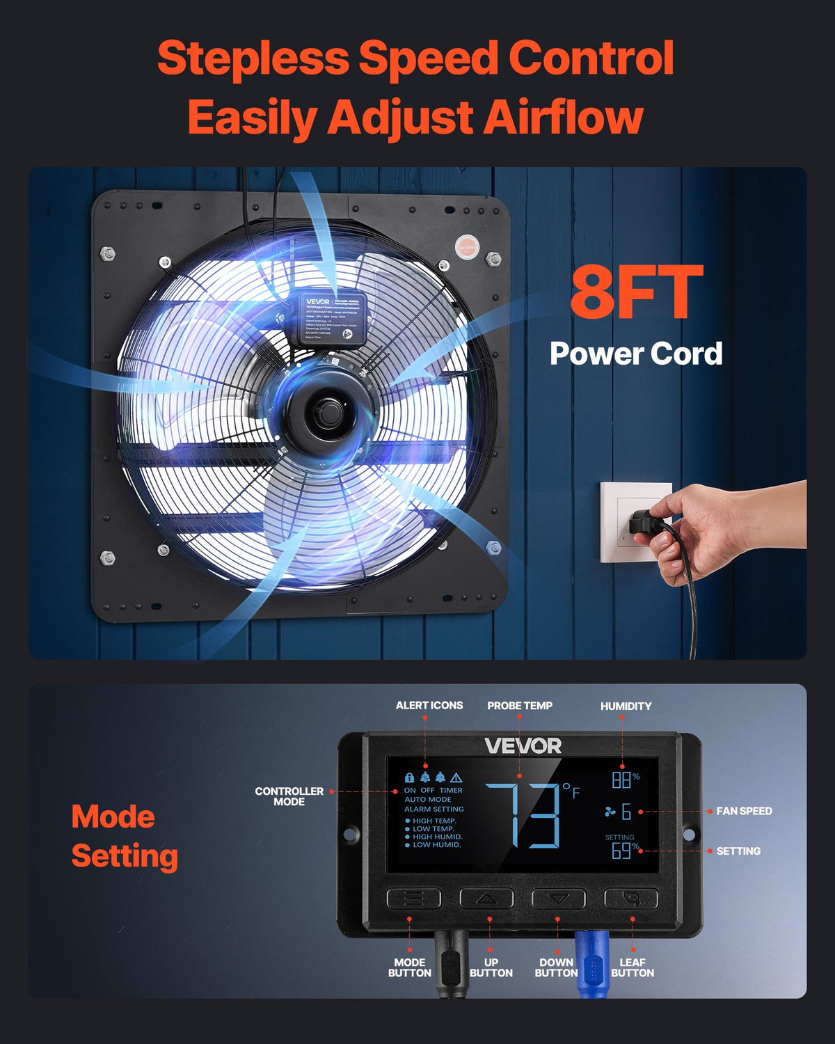 VEVOR 20 inch Shutter Exhaust Fan, Wall Mounted Attic Vent Fan with Smart Programming Variable Speed Temperature Control, 4800 CFM,EC Motor,Timer, for Shed,Garage,Greenhouse Ventilation Cooling,Black - BYCSPQSECDJKM9DIU001V1 - view 7