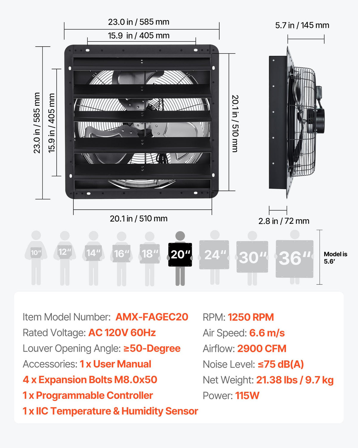 VEVOR 20 inch Shutter Exhaust Fan, Wall Mounted Attic Vent Fan with Smart Programming Variable Speed Temperature Control, 4800 CFM,EC Motor,Timer, for Shed,Garage,Greenhouse Ventilation Cooling,Black - BYCSPQSECDJKM9DIU001V1 - view 8