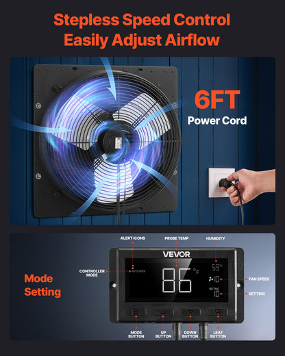 VEVOR 16 inch Shutter Exhaust Fan, Wall Mounted Attic Vent Fan with Smart Programming Variable Speed Temperature Control, 2900 CFM,EC Motor,Timer, for Shed,Garage,Greenhouse Ventilation Cooling,Black - BYCSPQSECDJKOLV16001V1 - view 7