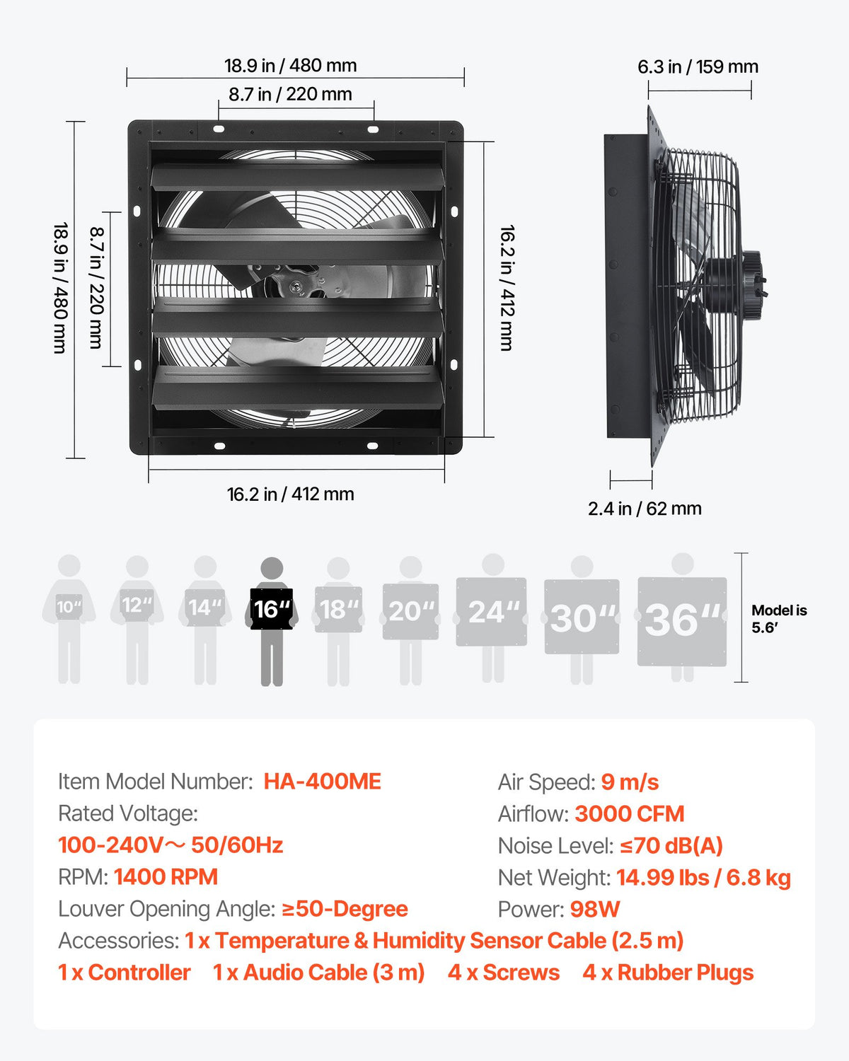 VEVOR 16 inch Shutter Exhaust Fan, Wall Mounted Attic Vent Fan with Smart Programming Variable Speed Temperature Control, 2900 CFM,EC Motor,Timer, for Shed,Garage,Greenhouse Ventilation Cooling,Black - BYCSPQSECDJKOLV16001V1 - view 8