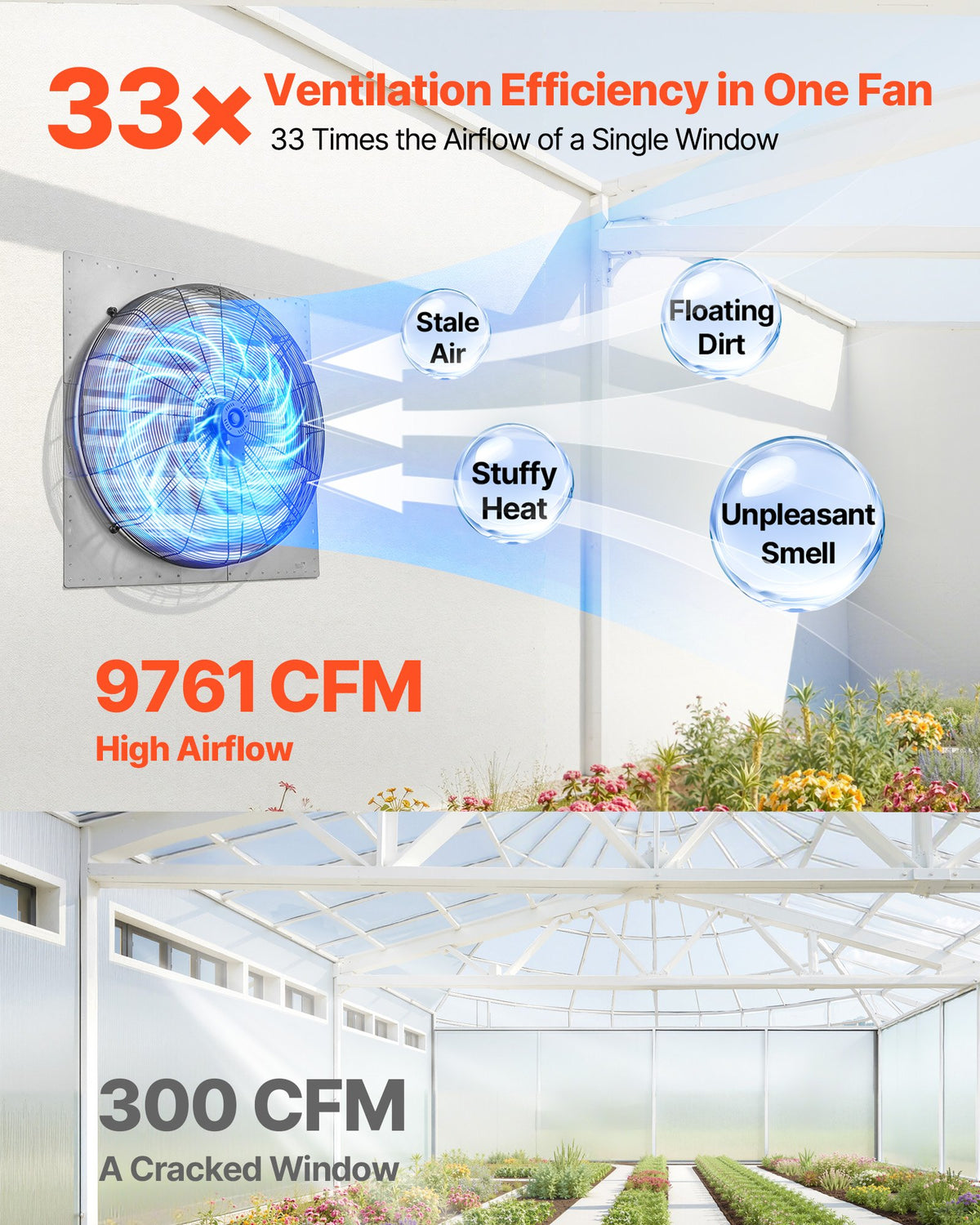 VEVOR 36 Inch Shutter Exhaust Fan Wall Mounted Automatic Louvers Silver, Sturdy Steel Housing, Low Noise, AC Motor, 9761 CFM Ventilation and Cooling for Attic, Garage, Barn, Greenhouse, Workshop - BYCSPQSMZKAC0E5CI001V1 - view 3