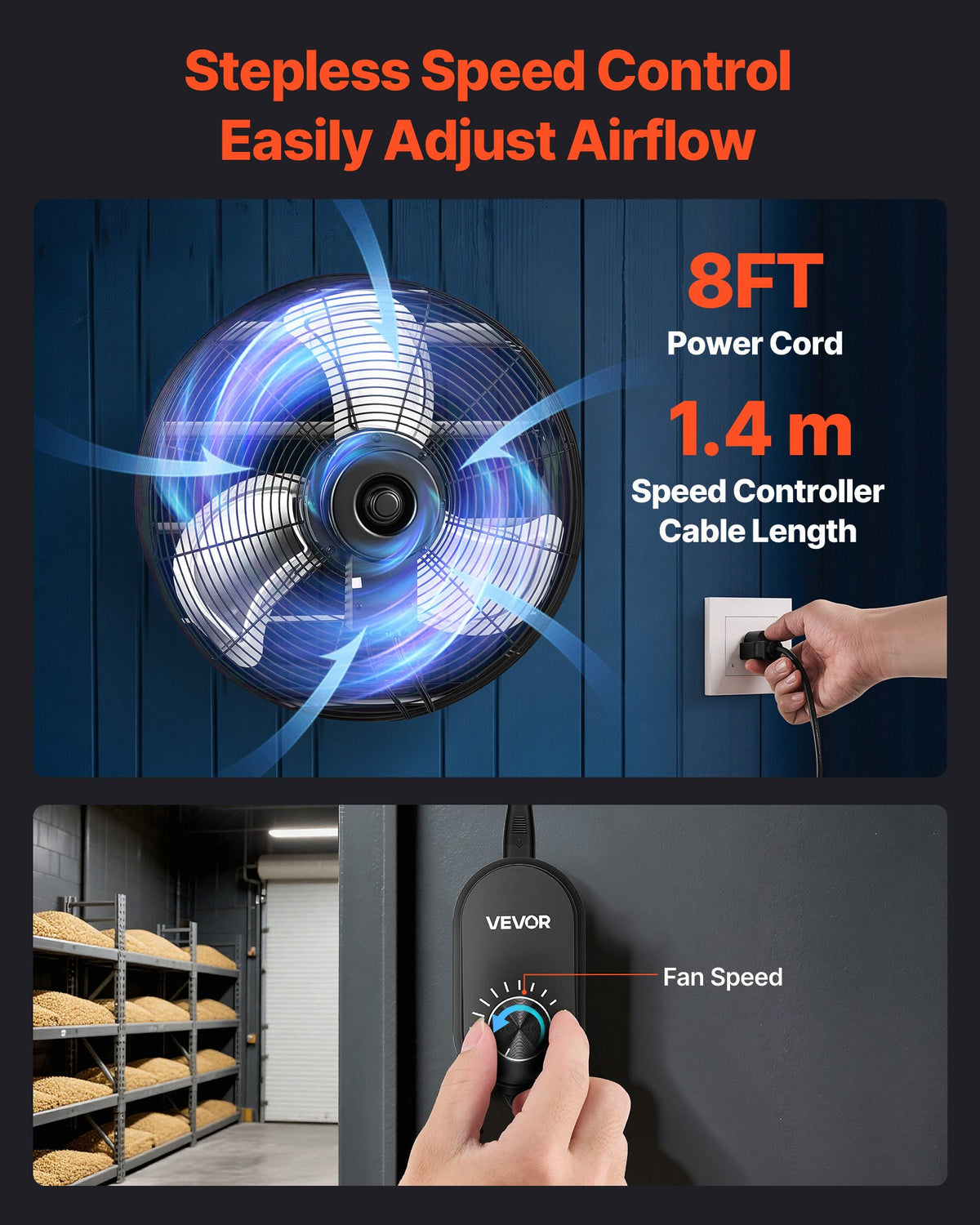 VEVOR 20 in Shutter Exhaust Fan Wall-Mount Automatic Louvers Variable Speed, Sturdy Steel Housing, Low Noise, AC Motor, 4499 CFM Ventilation and Cooling for Attic, Garage, Barn, Greenhouse, Workshop - BYCSPQSMZKAC17C3R001V1 - view 7