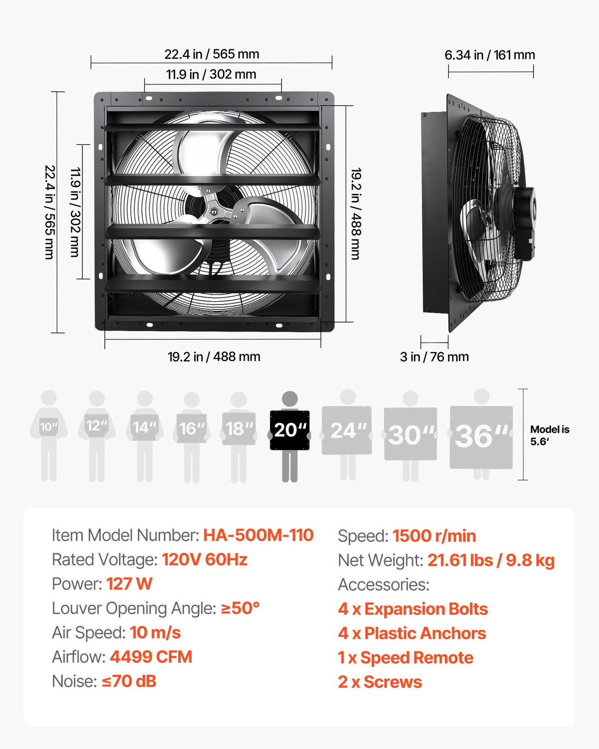 VEVOR 20 in Shutter Exhaust Fan Wall-Mount Automatic Louvers Variable Speed, Sturdy Steel Housing, Low Noise, AC Motor, 4499 CFM Ventilation and Cooling for Attic, Garage, Barn, Greenhouse, Workshop - BYCSPQSMZKAC17C3R001V1 - view 8