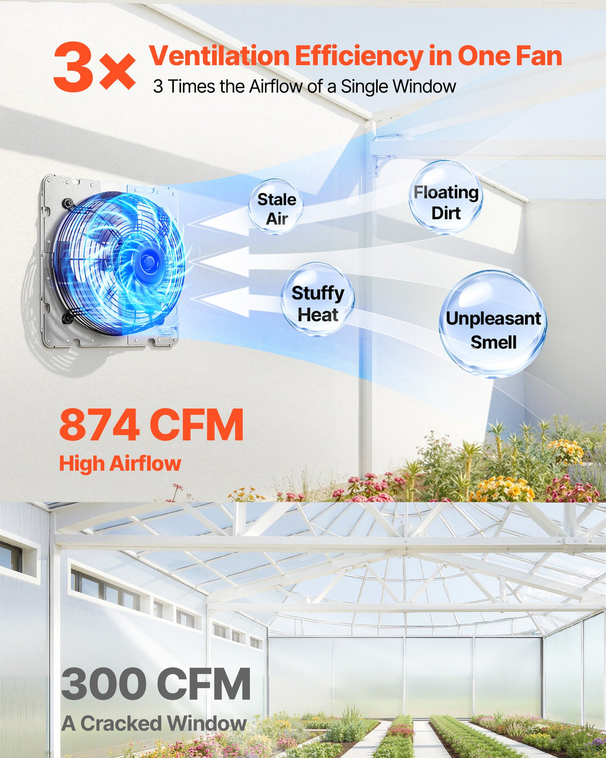 VEVOR 10 Inch Shutter Exhaust Fan Wall Mounted 874 CFM Automatic Louvers, Sturdy Steel Housing, Low Noise, AC Motor, Ventilation and Cooling for Attic, Garage, Barn, Greenhouse, Workshop, Silver - BYCSPQSMZKAC83W3Z001V1 - view 3