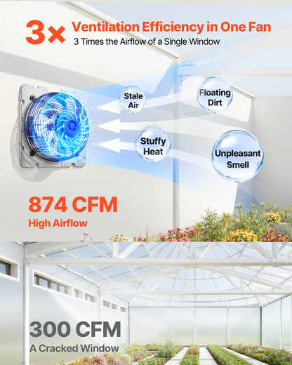 VEVOR 10 Inch Shutter Exhaust Fan Wall Mounted 874 CFM Automatic Louvers, Sturdy Steel Housing, Low Noise, AC Motor, Ventilation and Cooling for Attic, Garage, Barn, Greenhouse, Workshop, Silver - BYCSPQSMZKAC83W3Z001V1 - view 3