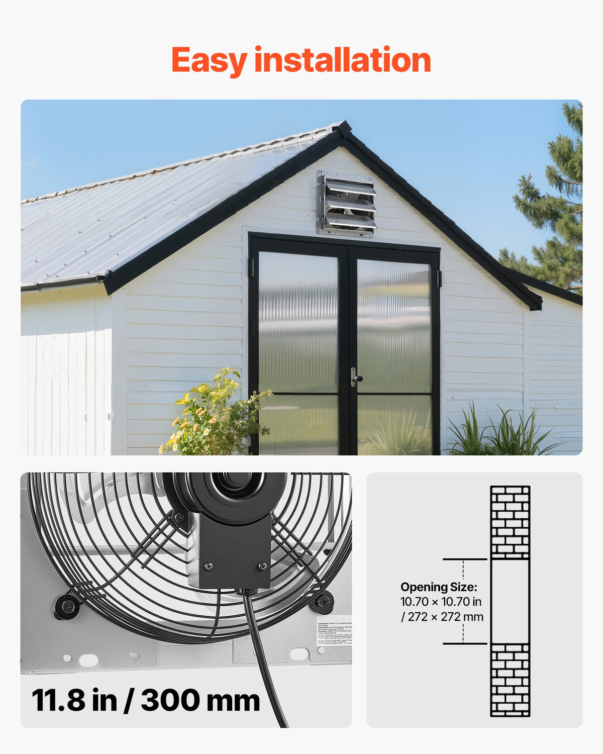 VEVOR 10 Inch Shutter Exhaust Fan Wall Mounted 874 CFM Automatic Louvers, Sturdy Steel Housing, Low Noise, AC Motor, Ventilation and Cooling for Attic, Garage, Barn, Greenhouse, Workshop, Silver - BYCSPQSMZKAC83W3Z001V1 - view 7