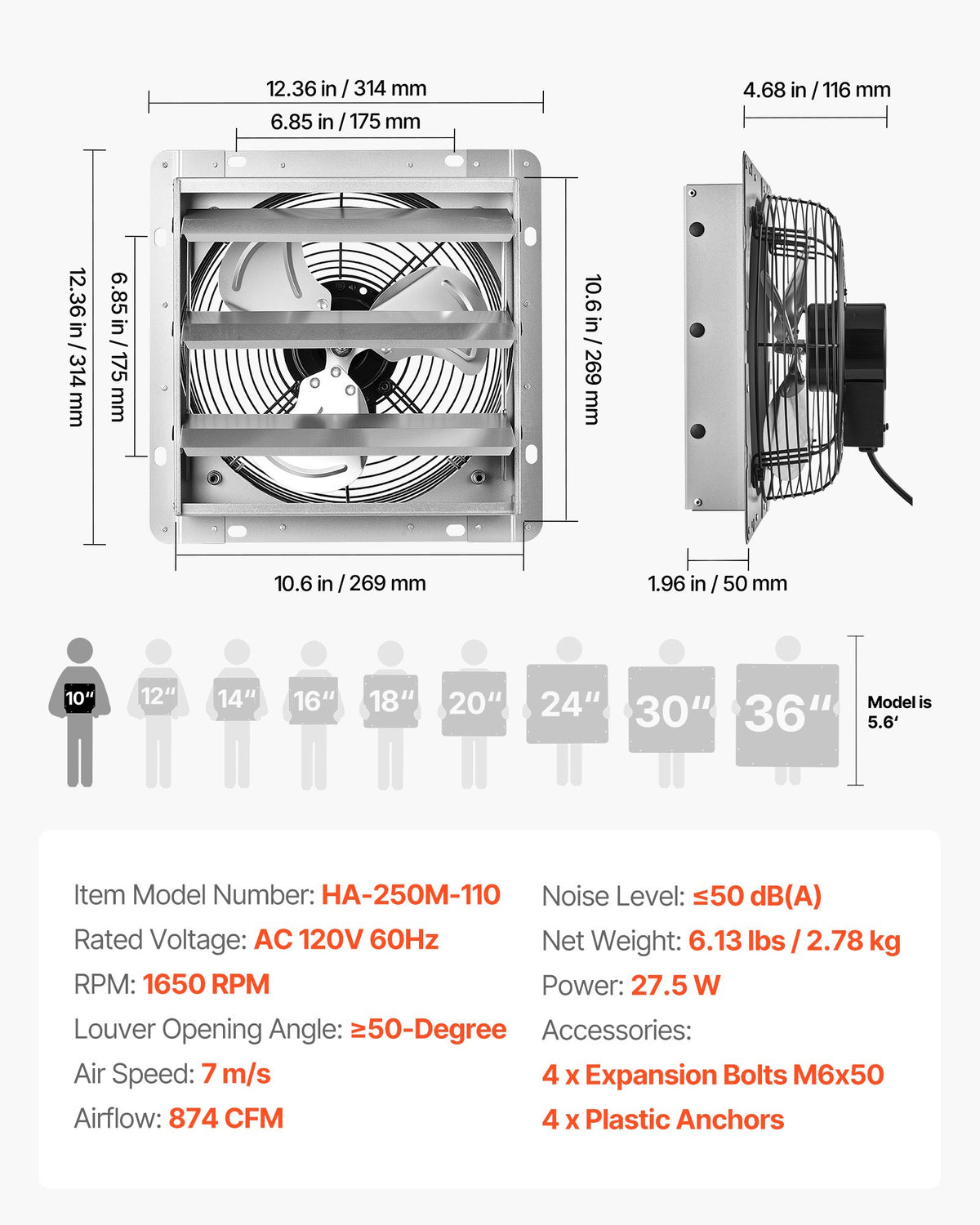 VEVOR 10 Inch Shutter Exhaust Fan Wall Mounted 874 CFM Automatic Louvers, Sturdy Steel Housing, Low Noise, AC Motor, Ventilation and Cooling for Attic, Garage, Barn, Greenhouse, Workshop, Silver - BYCSPQSMZKAC83W3Z001V1 - view 8