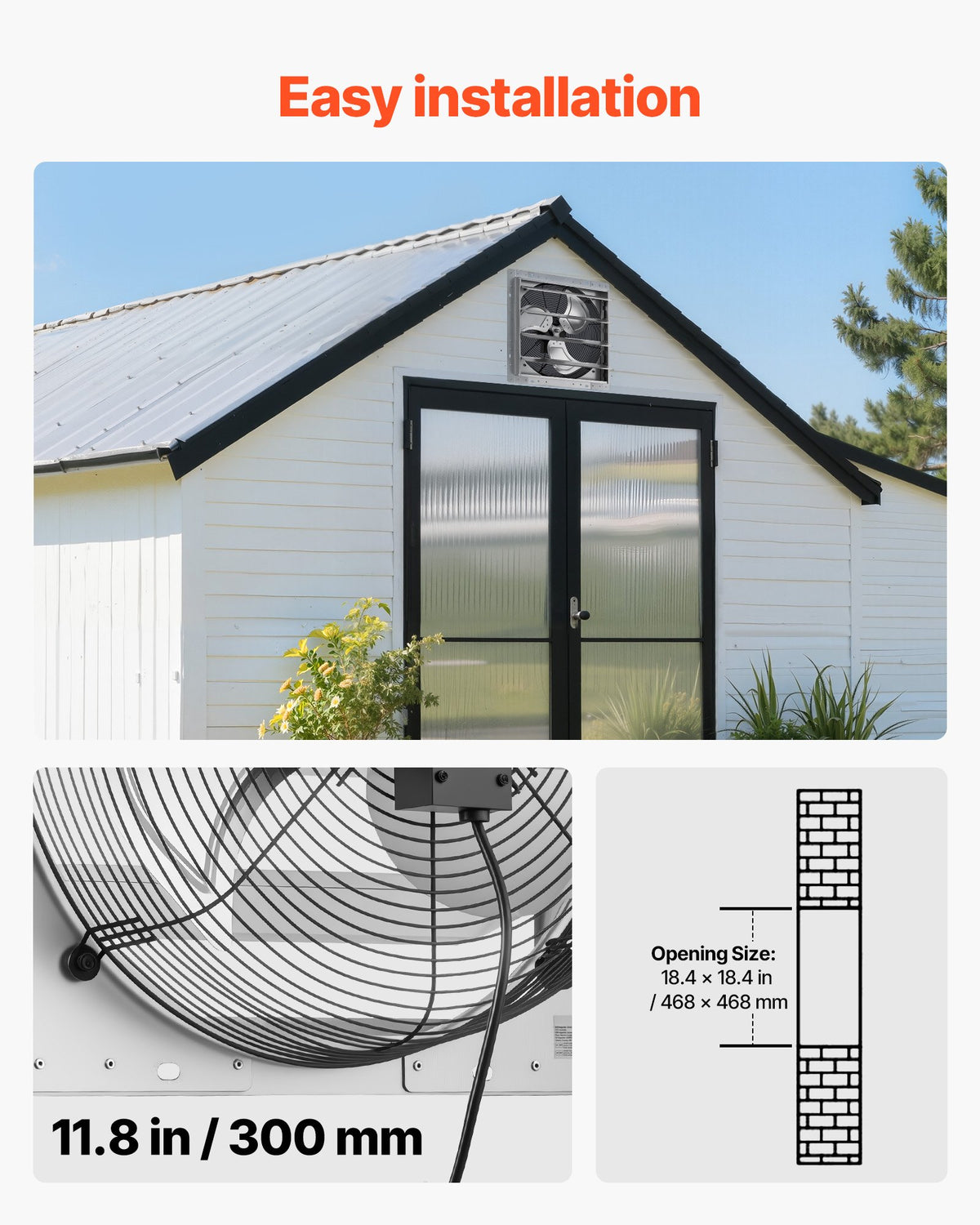 VEVOR 18 Inch Shutter Exhaust Fan Wall Mounted Automatic Louvers Silver, Sturdy Steel Housing, 3051 CFM Low Noise, AC Motor, Ventilation and Cooling for Attic, Garage, Barn, Greenhouse, Workshop - BYCSPQSMZKAC8YR40001V1 - view 7