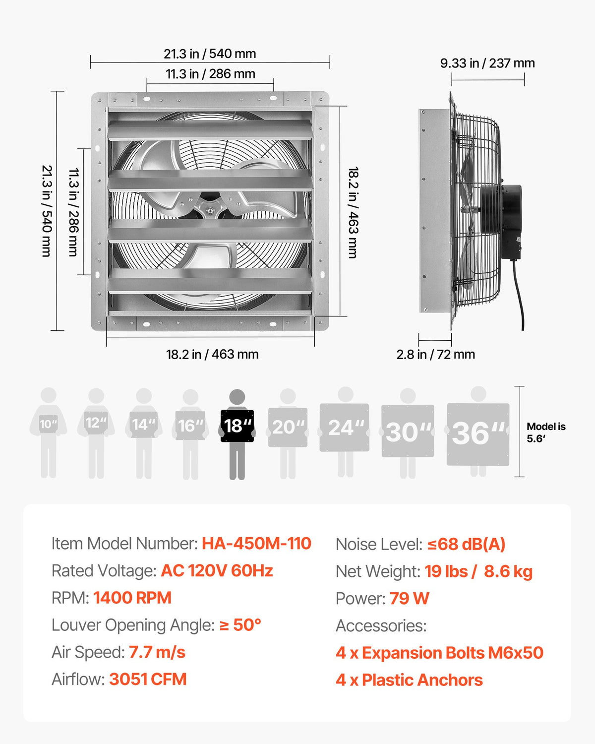 VEVOR 18 Inch Shutter Exhaust Fan Wall Mounted Automatic Louvers Silver, Sturdy Steel Housing, 3051 CFM Low Noise, AC Motor, Ventilation and Cooling for Attic, Garage, Barn, Greenhouse, Workshop - BYCSPQSMZKAC8YR40001V1 - view 8