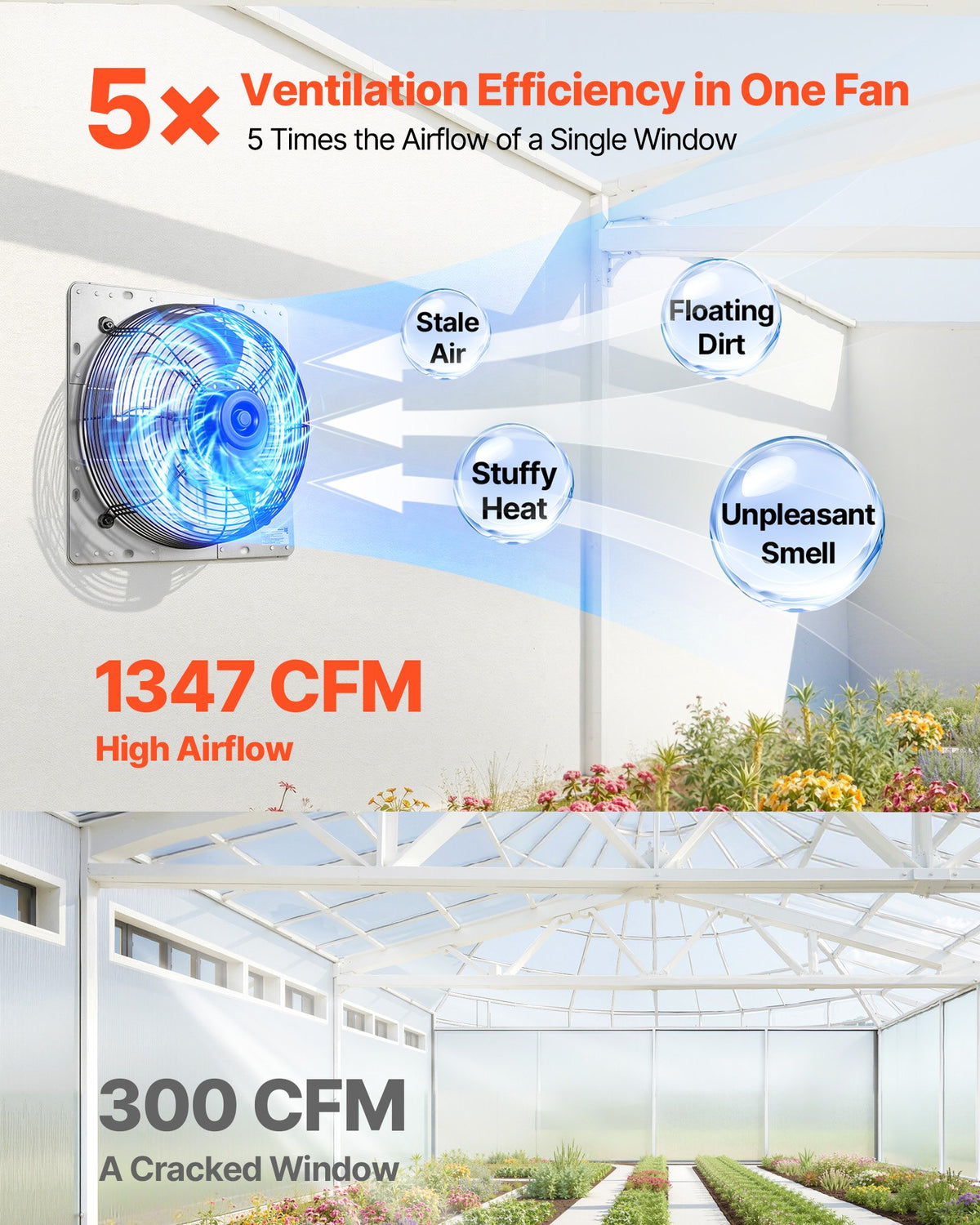 VEVOR 12 Inch Shutter Exhaust Fan Wall Mounted 1347 CFM Automatic Louvers, Sturdy Steel Housing, Low Noise, AC Motor, Ventilation and Cooling for Attic, Garage, Barn, Greenhouse, Workshop, Silver - BYCSPQSMZKACCA8YL001V1 - view 3