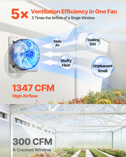 VEVOR 12 Inch Shutter Exhaust Fan Wall Mounted 1347 CFM Automatic Louvers, Sturdy Steel Housing, Low Noise, AC Motor, Ventilation and Cooling for Attic, Garage, Barn, Greenhouse, Workshop, Silver - BYCSPQSMZKACCA8YL001V1 - view 3