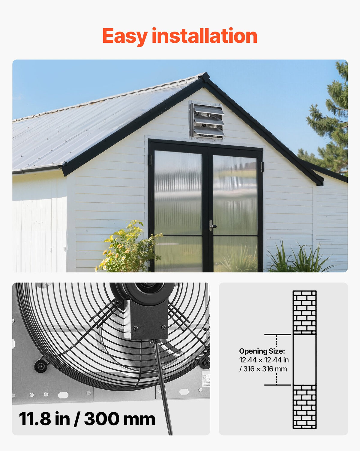 VEVOR 12 Inch Shutter Exhaust Fan Wall Mounted 1347 CFM Automatic Louvers, Sturdy Steel Housing, Low Noise, AC Motor, Ventilation and Cooling for Attic, Garage, Barn, Greenhouse, Workshop, Silver - BYCSPQSMZKACCA8YL001V1 - view 7