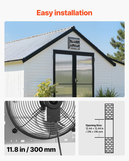 VEVOR 12 Inch Shutter Exhaust Fan Wall Mounted 1347 CFM Automatic Louvers, Sturdy Steel Housing, Low Noise, AC Motor, Ventilation and Cooling for Attic, Garage, Barn, Greenhouse, Workshop, Silver - BYCSPQSMZKACCA8YL001V1 - view 7