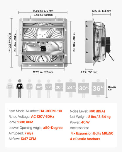 VEVOR 12 Inch Shutter Exhaust Fan Wall Mounted 1347 CFM Automatic Louvers, Sturdy Steel Housing, Low Noise, AC Motor, Ventilation and Cooling for Attic, Garage, Barn, Greenhouse, Workshop, Silver - BYCSPQSMZKACCA8YL001V1 - view 8