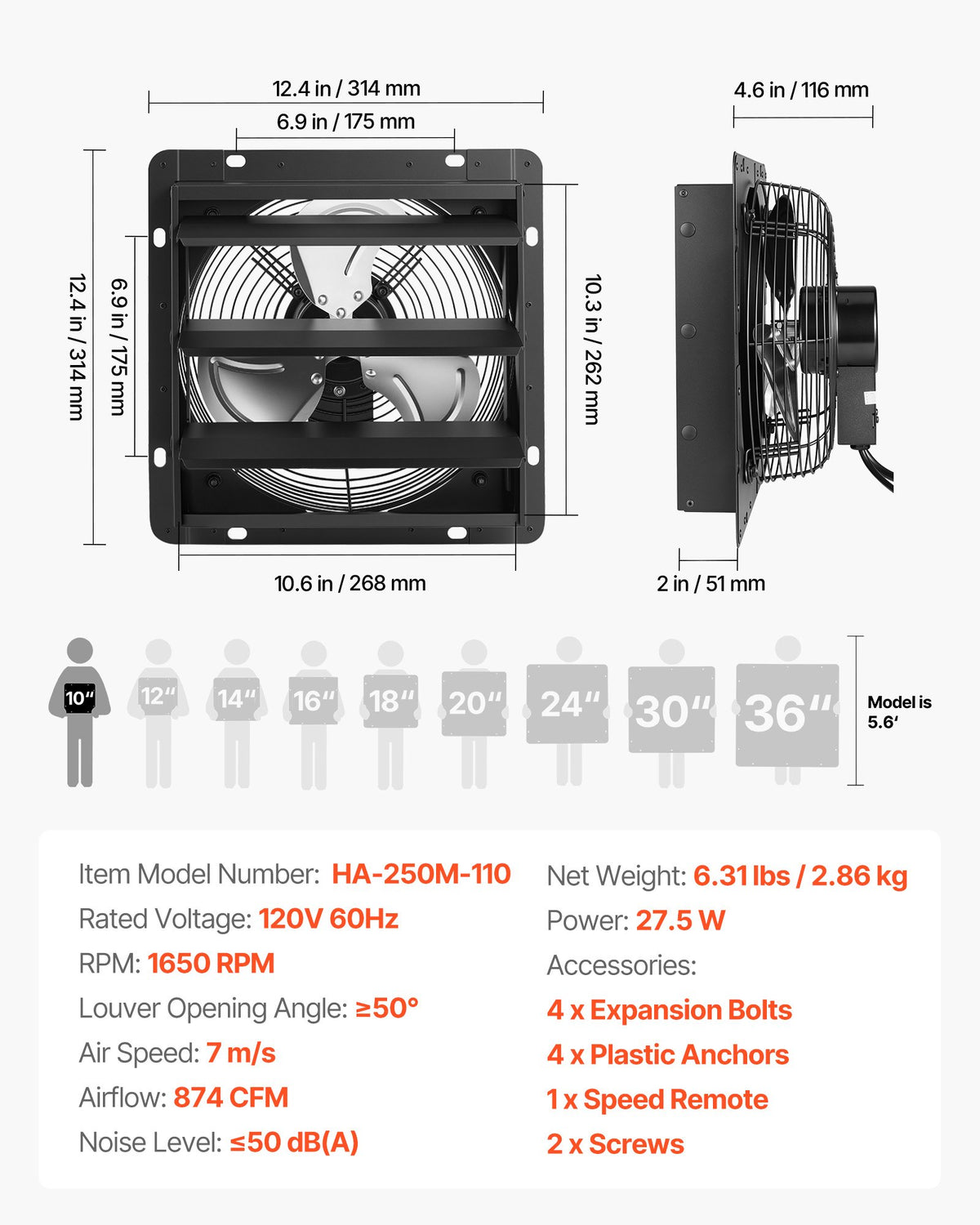 VEVOR 10 in Shutter Exhaust Fan Wall-Mount Automatic Louvers Variable Speed, Sturdy Steel Housing, Low Noise, AC Motor, 874 CFM Ventilation and Cooling for Attic, Garage, Barn, Greenhouse, Workshop - BYCSPQSMZKACKSUWG001V1 - view 8