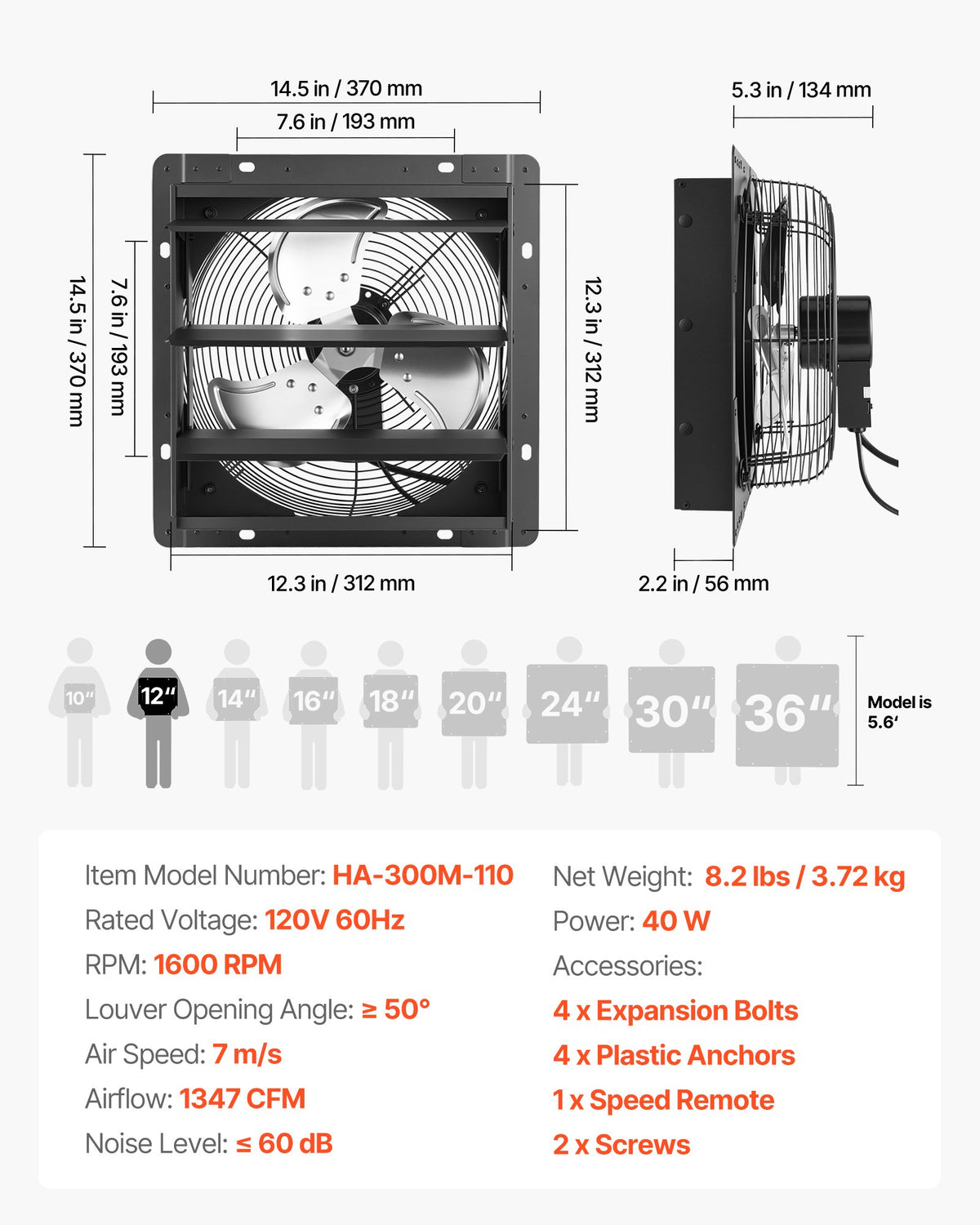 VEVOR 12 in Shutter Exhaust Fan Wall-Mount Automatic Louvers Variable Speed, Sturdy Steel Housing, Low Noise, AC Motor, 1347 CFM Ventilation and Cooling for Attic, Garage, Barn, Greenhouse, Workshop - BYCSPQSMZKACLKTG9001V1 - view 8