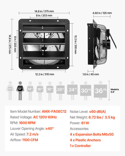 VEVOR 12 inch Shutter Exhaust Fan Wall-Mount Variable Speed Temperature, Automatic Louvers Sturdy Steel Housing, Low Noise, Ventilation and Cooling for Attic, Garage, Barn, Greenhouse, Workshop - BYCSPQSMZKACLO3KO001V1 - view 8