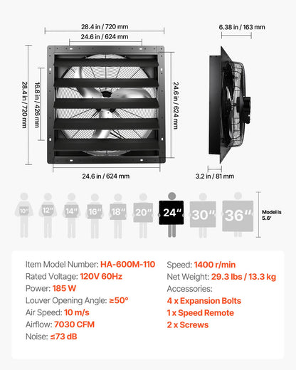 VEVOR 24 in Shutter Exhaust Fan Wall-Mount Automatic Louvers Variable Speed, Sturdy Steel Housing, Low Noise, AC Motor, 7030 CFM Ventilation and Cooling for Attic, Garage, Barn, Greenhouse, Workshop - BYCSPQSMZKACOMNYI001V1 - view 8