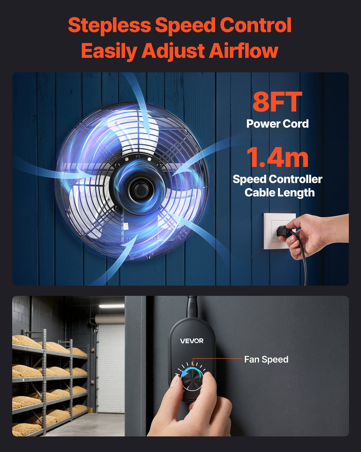 VEVOR 14 in Shutter Exhaust Fan Wall-Mount Automatic Louvers Variable Speed, Sturdy Steel Housing, Low Noise, AC Motor, 1802 CFM Ventilation and Cooling for Attic, Garage, Barn, Greenhouse, Workshop - BYCSPQSMZKACQHV4J001V1 - view 7